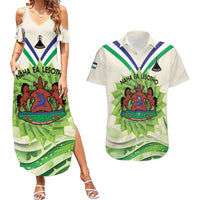 Personalised Lesotho Independence Day Couples Matching Summer Maxi Dress and Hawaiian Shirt Aloe Polyphylla Mix Coat Of Arms - Wonder Print Shop