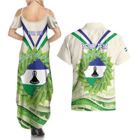 Personalised Lesotho Independence Day Couples Matching Summer Maxi Dress and Hawaiian Shirt Aloe Polyphylla Mix Coat Of Arms - Wonder Print Shop