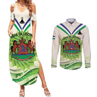 Personalised Lesotho Independence Day Couples Matching Summer Maxi Dress and Long Sleeve Button Shirt Aloe Polyphylla Mix Coat Of Arms - Wonder Print Shop