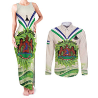 Personalised Lesotho Independence Day Couples Matching Tank Maxi Dress and Long Sleeve Button Shirt Aloe Polyphylla Mix Coat Of Arms - Wonder Print Shop