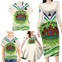 Personalised Lesotho Independence Day Family Matching Long Sleeve Bodycon Dress and Hawaiian Shirt Aloe Polyphylla Mix Coat Of Arms - Wonder Print Shop