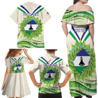 Personalised Lesotho Independence Day Family Matching Off Shoulder Maxi Dress and Hawaiian Shirt Aloe Polyphylla Mix Coat Of Arms - Wonder Print Shop