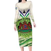 Personalised Lesotho Independence Day Long Sleeve Bodycon Dress Aloe Polyphylla Mix Coat Of Arms - Wonder Print Shop