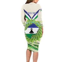 Personalised Lesotho Independence Day Long Sleeve Bodycon Dress Aloe Polyphylla Mix Coat Of Arms - Wonder Print Shop