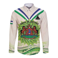 Personalised Lesotho Independence Day Long Sleeve Button Shirt Aloe Polyphylla Mix Coat Of Arms - Wonder Print Shop