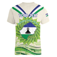 Personalised Lesotho Independence Day Women V-Neck T-Shirt Aloe Polyphylla Mix Coat Of Arms - Wonder Print Shop