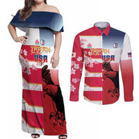 USA and Japan Rugby Custom Couples Matching Off Shoulder Maxi Dress and Long Sleeve Button Shirt Eagles Brave Blossoms Together Pacific - Wonder Print Shop