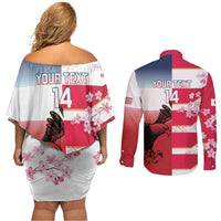 USA and Japan Rugby Custom Couples Matching Off Shoulder Short Dress and Long Sleeve Button Shirt Eagles Brave Blossoms Together Pacific - Wonder Print Shop