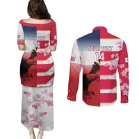 USA and Japan Rugby Custom Couples Matching Puletasi and Long Sleeve Button Shirt Eagles Brave Blossoms Together Pacific - Wonder Print Shop