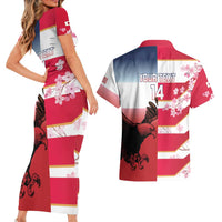 USA and Japan Rugby Custom Couples Matching Short Sleeve Bodycon Dress and Hawaiian Shirt Eagles Brave Blossoms Together Pacific - Wonder Print Shop