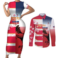 USA and Japan Rugby Custom Couples Matching Short Sleeve Bodycon Dress and Long Sleeve Button Shirt Eagles Brave Blossoms Together Pacific - Wonder Print Shop