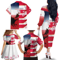USA and Japan Rugby Custom Family Matching Off The Shoulder Long Sleeve Dress and Hawaiian Shirt Eagles Brave Blossoms Together Pacific - Wonder Print Shop