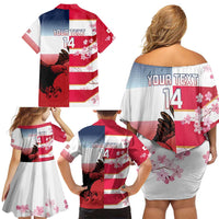 USA and Japan Rugby Custom Family Matching Off Shoulder Short Dress and Hawaiian Shirt Eagles Brave Blossoms Together Pacific - Wonder Print Shop