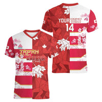 Canada and Japan Rugby Custom Women V-Neck T-Shirt Canucks Brave Blossoms Together Pacific - Wonder Print Shop