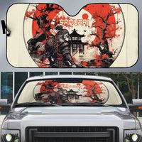 Samurai Warrior Japan Auto Sun Shade Red-blossomed Tree Classic Japanese Stylized - Wonder Print Shop