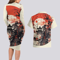 Samurai Warrior Japan Couples Matching Long Sleeve Bodycon Dress and Hawaiian Shirt Red-blossomed Tree Classic Japanese Stylized - Wonder Print Shop