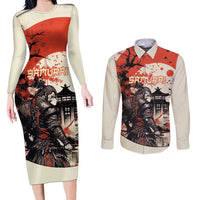 Samurai Warrior Japan Couples Matching Long Sleeve Bodycon Dress and Long Sleeve Button Shirt Red-blossomed Tree Classic Japanese Stylized - Wonder Print Shop