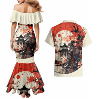 Samurai Warrior Japan Couples Matching Mermaid Dress and Hawaiian Shirt Red-blossomed Tree Classic Japanese Stylized - Wonder Print Shop