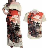 Samurai Warrior Japan Couples Matching Off Shoulder Maxi Dress and Hawaiian Shirt Red-blossomed Tree Classic Japanese Stylized - Wonder Print Shop