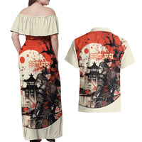 Samurai Warrior Japan Couples Matching Off Shoulder Maxi Dress and Hawaiian Shirt Red-blossomed Tree Classic Japanese Stylized - Wonder Print Shop