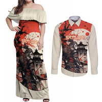 Samurai Warrior Japan Couples Matching Off Shoulder Maxi Dress and Long Sleeve Button Shirt Red-blossomed Tree Classic Japanese Stylized - Wonder Print Shop