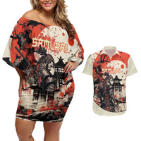 Samurai Warrior Japan Couples Matching Off Shoulder Short Dress and Hawaiian Shirt Red-blossomed Tree Classic Japanese Stylized - Wonder Print Shop