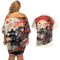 Samurai Warrior Japan Couples Matching Off Shoulder Short Dress and Hawaiian Shirt Red-blossomed Tree Classic Japanese Stylized - Wonder Print Shop