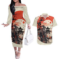 Samurai Warrior Japan Couples Matching Off The Shoulder Long Sleeve Dress and Hawaiian Shirt Red-blossomed Tree Classic Japanese Stylized - Wonder Print Shop