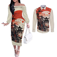 Samurai Warrior Japan Couples Matching Off The Shoulder Long Sleeve Dress and Long Sleeve Button Shirt Red-blossomed Tree Classic Japanese Stylized - Wonder Print Shop
