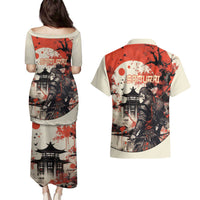 Samurai Warrior Japan Couples Matching Puletasi and Hawaiian Shirt Red-blossomed Tree Classic Japanese Stylized - Wonder Print Shop