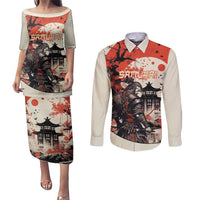 Samurai Warrior Japan Couples Matching Puletasi and Long Sleeve Button Shirt Red-blossomed Tree Classic Japanese Stylized - Wonder Print Shop