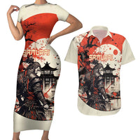 Samurai Warrior Japan Couples Matching Short Sleeve Bodycon Dress and Hawaiian Shirt Red-blossomed Tree Classic Japanese Stylized - Wonder Print Shop