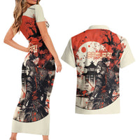 Samurai Warrior Japan Couples Matching Short Sleeve Bodycon Dress and Hawaiian Shirt Red-blossomed Tree Classic Japanese Stylized - Wonder Print Shop