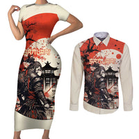 Samurai Warrior Japan Couples Matching Short Sleeve Bodycon Dress and Long Sleeve Button Shirt Red-blossomed Tree Classic Japanese Stylized - Wonder Print Shop