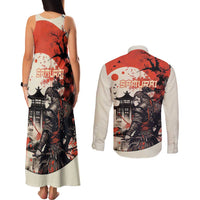 Samurai Warrior Japan Couples Matching Tank Maxi Dress and Long Sleeve Button Shirt Red-blossomed Tree Classic Japanese Stylized - Wonder Print Shop