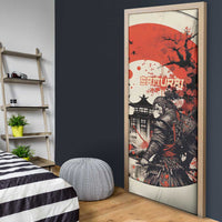 Samurai Warrior Japan Door Cover Red-blossomed Tree Classic Japanese Stylized - Wonder Print Shop