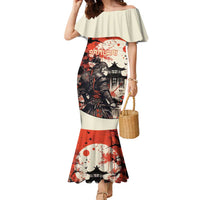 Samurai Warrior Japan Family Matching Mermaid Dress and Hawaiian Shirt Red-blossomed Tree Classic Japanese Stylized - Wonder Print Shop