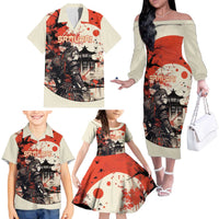 Samurai Warrior Japan Family Matching Off The Shoulder Long Sleeve Dress and Hawaiian Shirt Red-blossomed Tree Classic Japanese Stylized - Wonder Print Shop