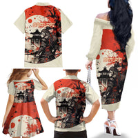 Samurai Warrior Japan Family Matching Off The Shoulder Long Sleeve Dress and Hawaiian Shirt Red-blossomed Tree Classic Japanese Stylized - Wonder Print Shop