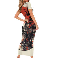 Samurai Warrior Japan Family Matching Short Sleeve Bodycon Dress and Hawaiian Shirt Red-blossomed Tree Classic Japanese Stylized - Wonder Print Shop