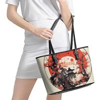 Samurai Warrior Japan Leather Tote Bag Red-blossomed Tree Classic Japanese Stylized - Wonder Print Shop