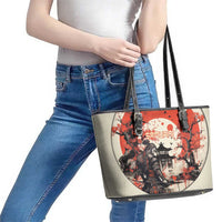 Samurai Warrior Japan Leather Tote Bag Red-blossomed Tree Classic Japanese Stylized - Wonder Print Shop