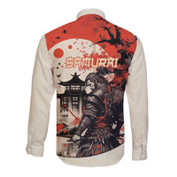 Samurai Warrior Japan Long Sleeve Button Shirt Red-blossomed Tree Classic Japanese Stylized - Wonder Print Shop
