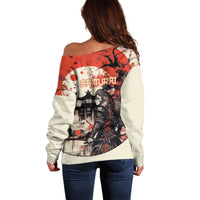 Samurai Warrior Japan Off Shoulder Sweater Red-blossomed Tree Classic Japanese Stylized - Wonder Print Shop