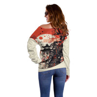 Samurai Warrior Japan Off Shoulder Sweater Red-blossomed Tree Classic Japanese Stylized - Wonder Print Shop