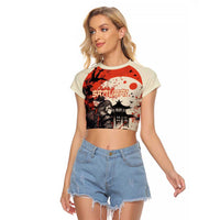 Samurai Warrior Japan Raglan Cropped T Shirt Red-blossomed Tree Classic Japanese Stylized - Wonder Print Shop