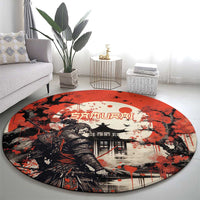 Samurai Warrior Japan Round Carpet Red-blossomed Tree Classic Japanese Stylized - Wonder Print Shop