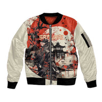 Samurai Warrior Japan Sleeve Zip Bomber Jacket Red-blossomed Tree Classic Japanese Stylized - Wonder Print Shop