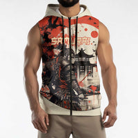 Samurai Warrior Japan Sleeveless Zip Hoodie Red-blossomed Tree Classic Japanese Stylized - Wonder Print Shop