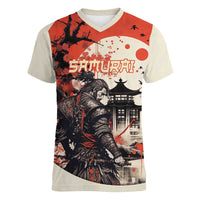 Samurai Warrior Japan Women V-Neck T-Shirt Red-blossomed Tree Classic Japanese Stylized - Wonder Print Shop